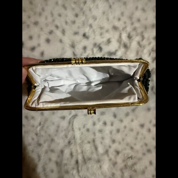 Vintage Black Beaded Clutch Gold Frame Evening Bag - Picture 2 of 2